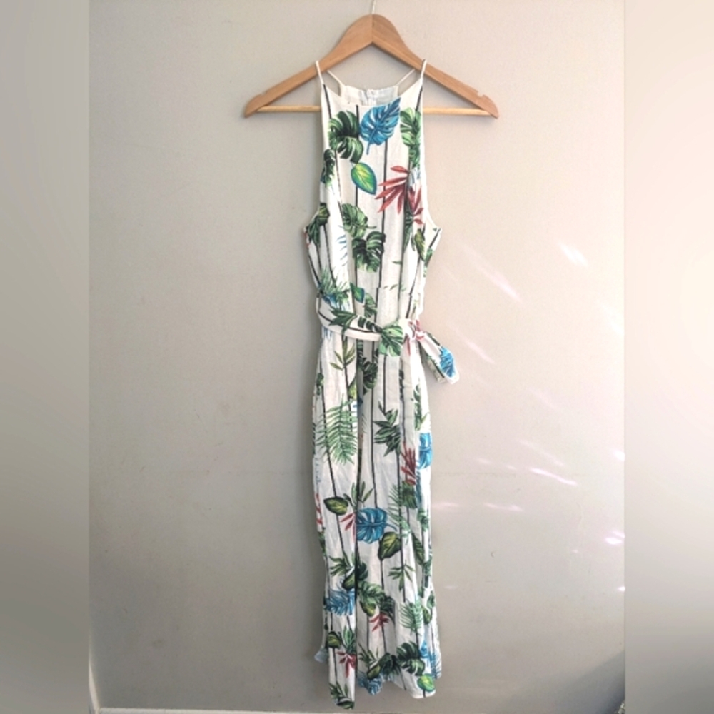 DO+BE Linen White Green Tropical Jumpsuit Size S